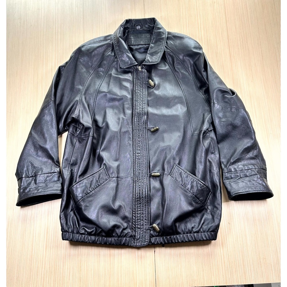 VTG Jacqueline Ferrar Leather Jacket Men's  XL Black Lined Raglan Sleeve‎ Retro